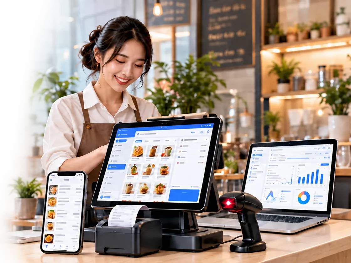 Chủ quán sử dụng A POS trên máy bán hàng, điện thoại và laptop