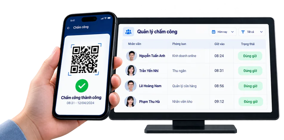 Chấm công QR trên điện thoại và quản lý chấm công trên máy tính